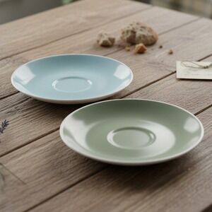 Harkerware Oven Proof Blue & Green Saucers, Set of 2, Vtg Stoneware Dinnerware